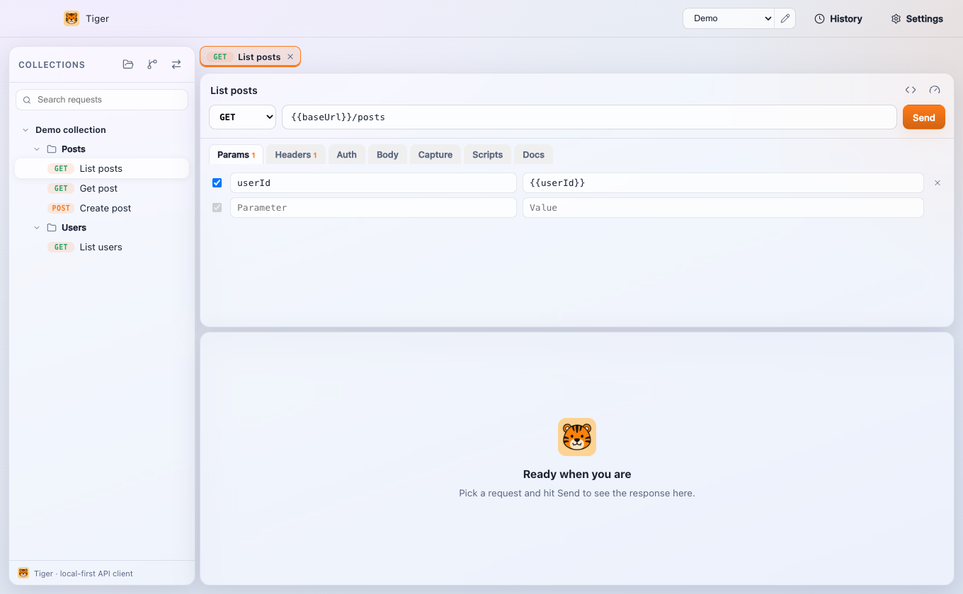 The Tiger app: collection sidebar, request editor and response panel