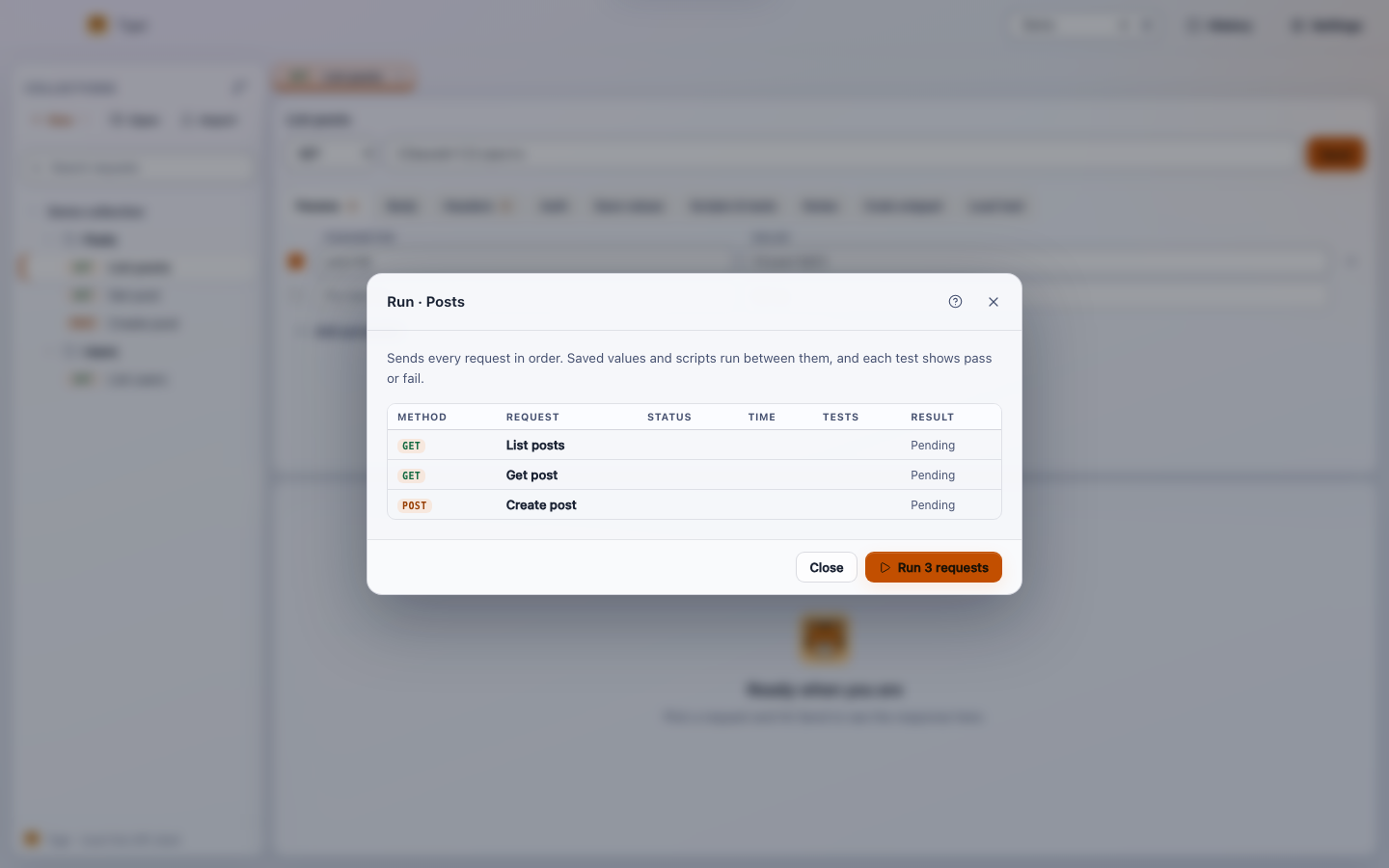 Tiger collection runner dialog listing the requests List posts, Get post and Create post with method, status, time, tests and result columns and a Run 3 requests button