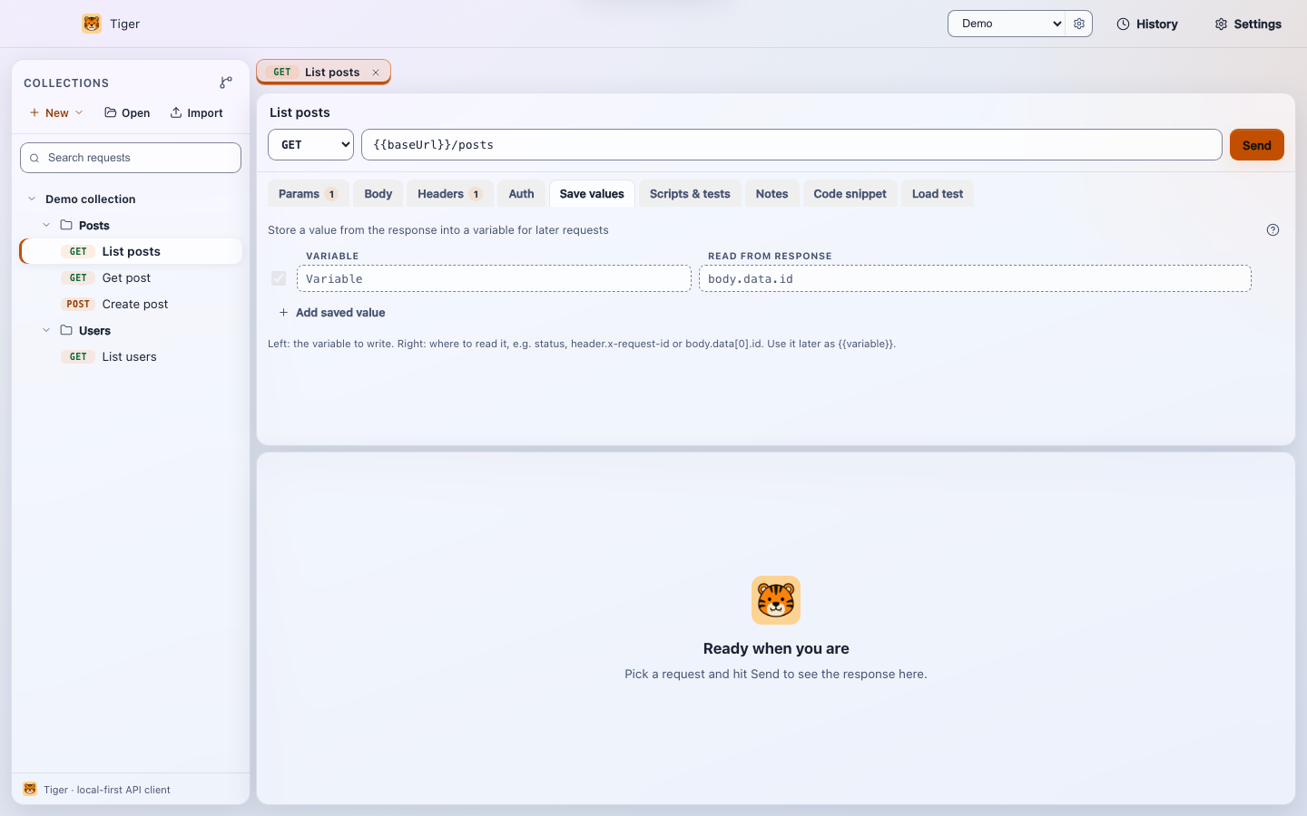 Tiger request editor with the Save values tab open, showing a Variable column and a Read from response column with the example body.data.id