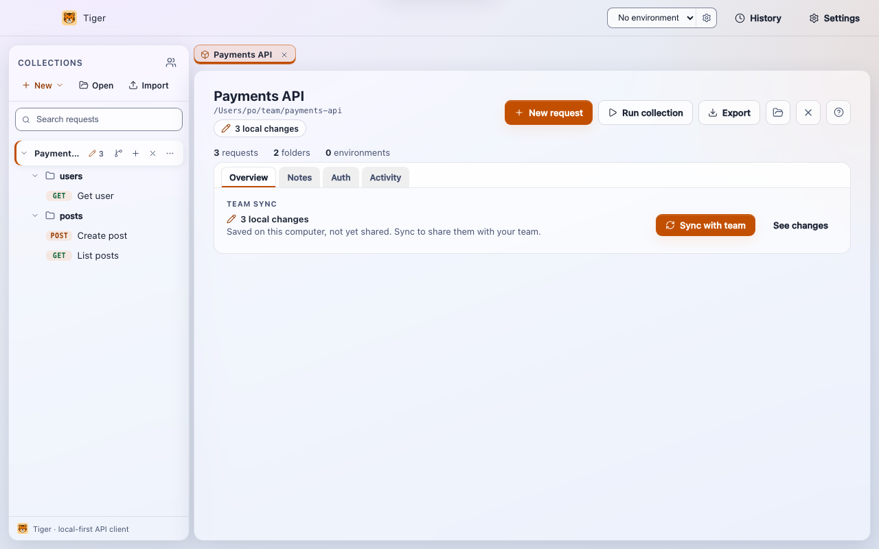 Tiger Team sync card for a Payments API collection showing three local changes and a Sync with team button