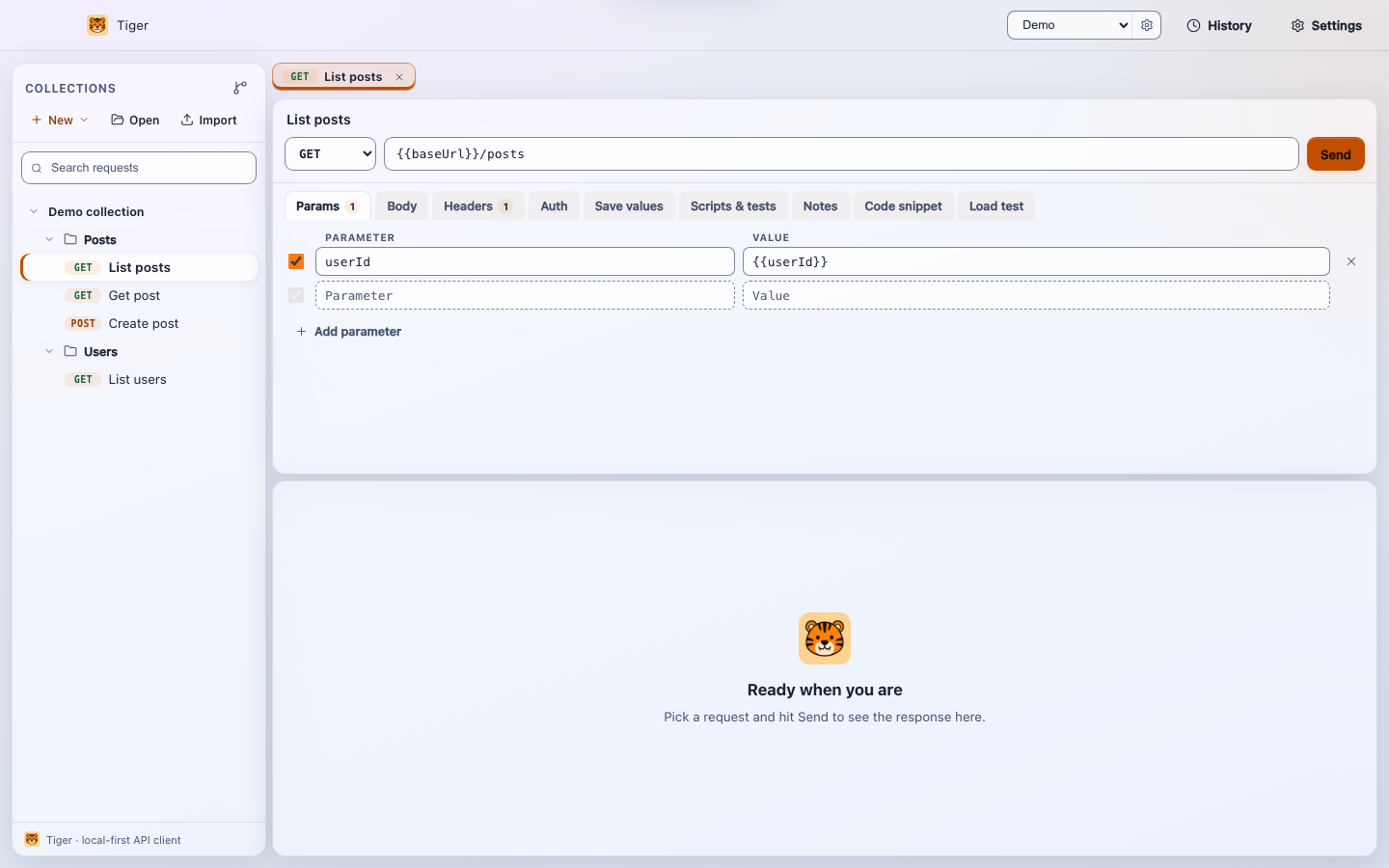 Tiger API client workspace: a collection sidebar with a GET request open and tabs for Params, Body, Headers, Auth, Save values, Scripts and tests, Notes, Code snippet and Load test